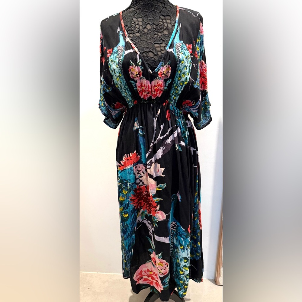 Large print botanic maxi dress/swim cover with batwing short sleeves
